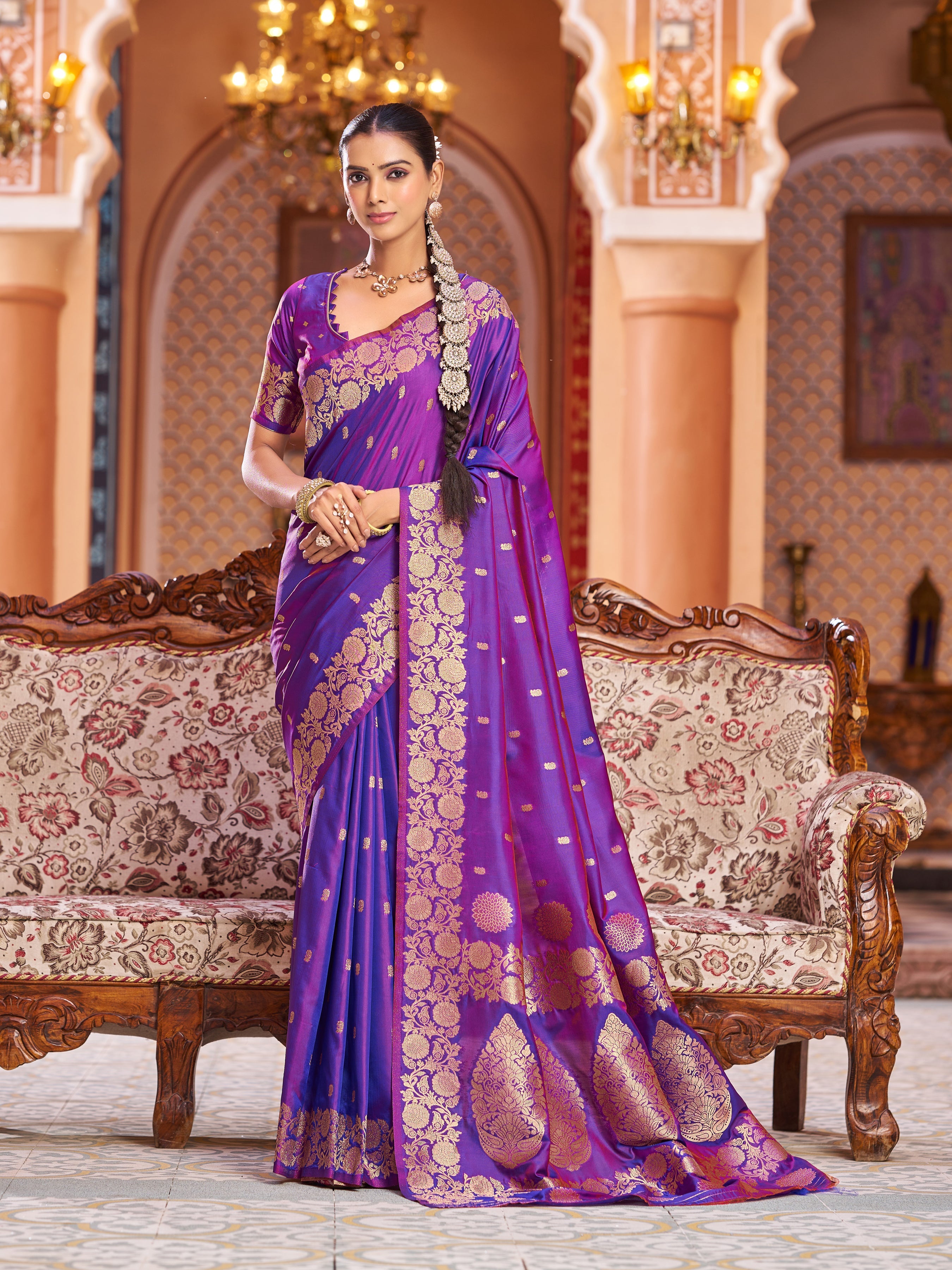 Purple Elegant Woven Assam Silk Saree with Unstitched Blouse Piece Secondary image