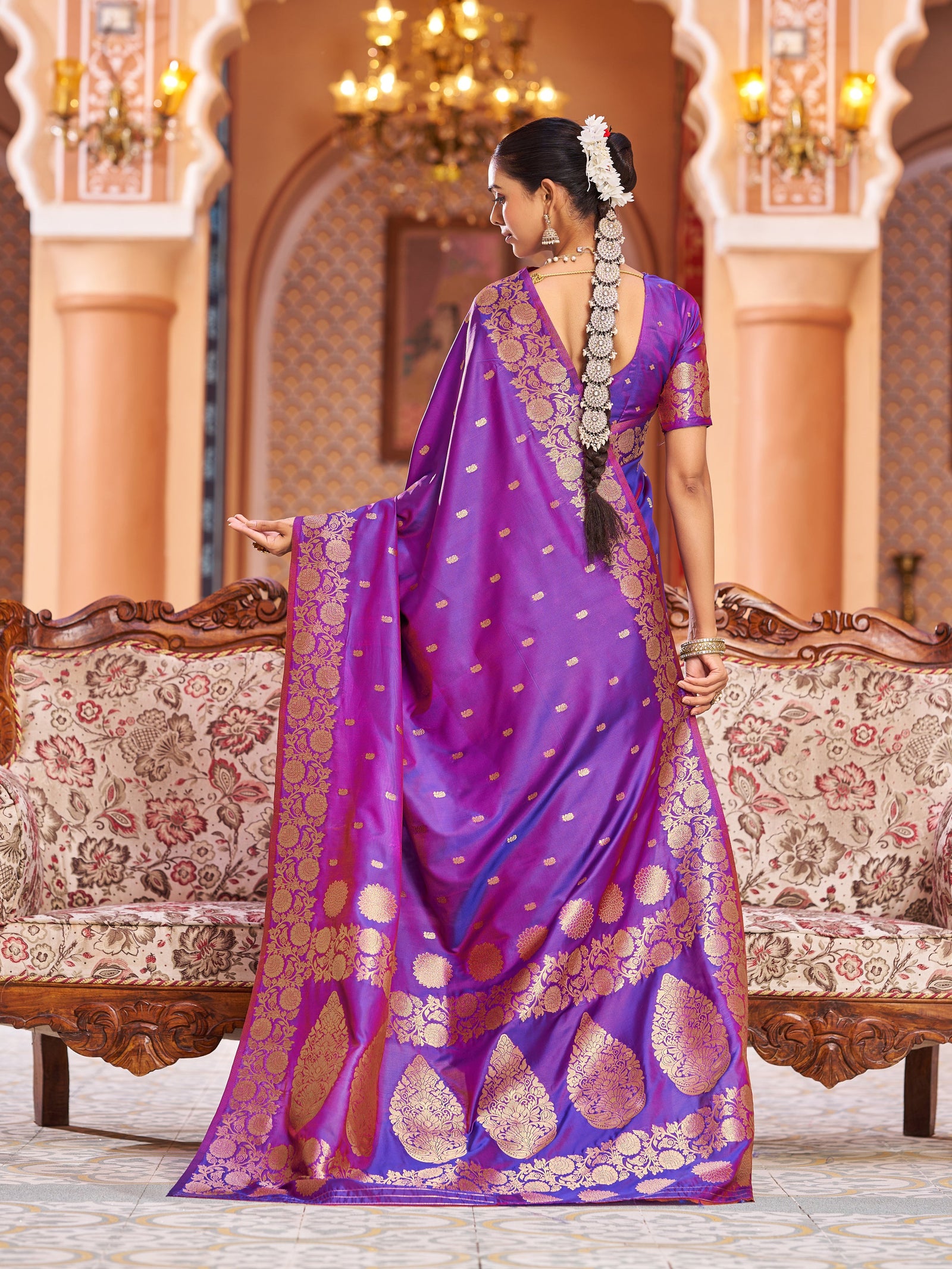 Purple Elegant Woven Assam Silk Saree with Unstitched Blouse Piece ClothsVilla