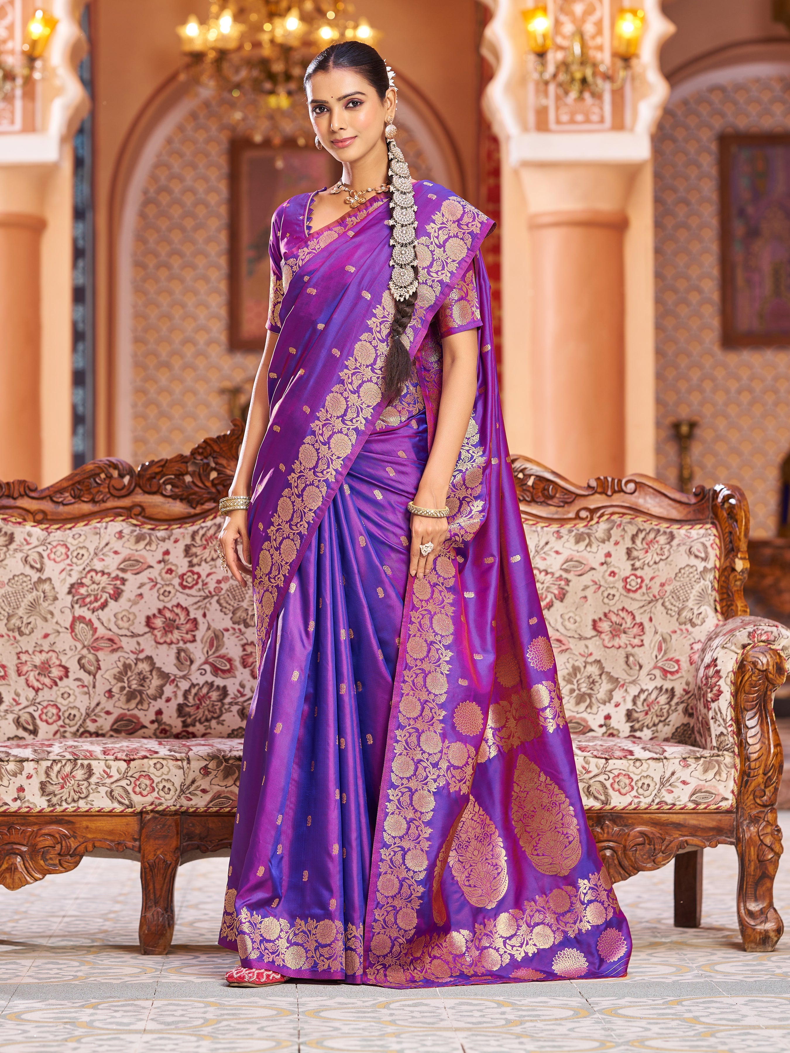 Purple Elegant Woven Assam Silk Saree with Unstitched Blouse Piece ClothsVilla Main image