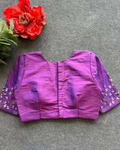 Load image into Gallery viewer, Purple Elzara Silk Blouse with Beautiful Handwork on Sleeves ClothsVilla