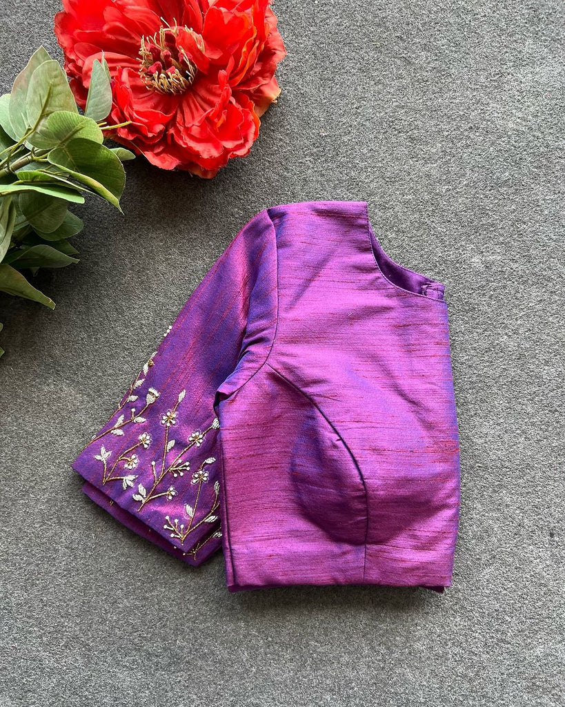 Purple Elzara Silk Blouse with Beautiful Handwork on Sleeves ClothsVilla