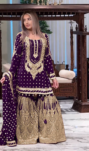 Purple Embroidered Faux Georgette Plazzo Set with Sequins Work & Lace Dupatta ClothsVilla