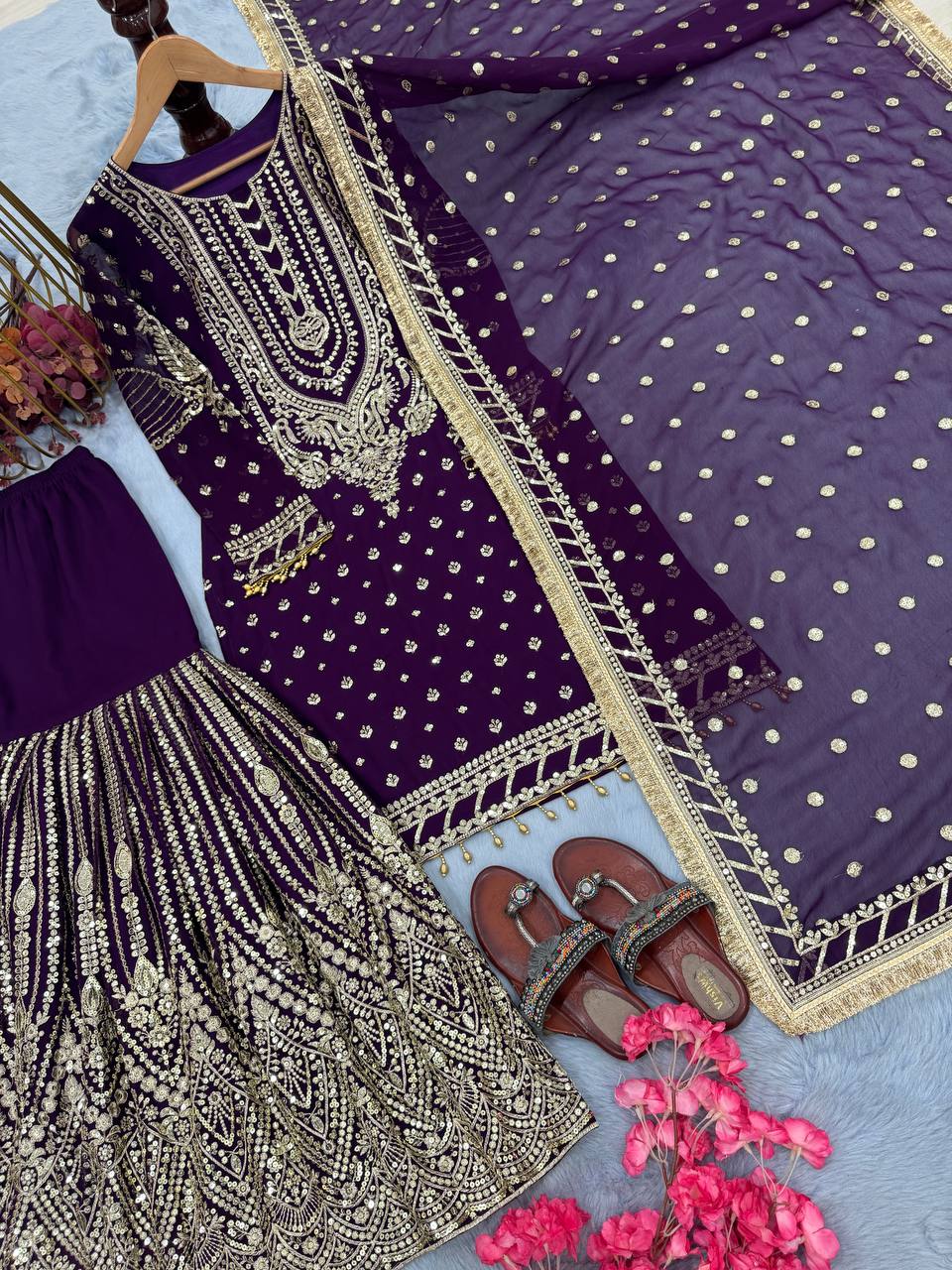 Purple Embroidered Faux Georgette Plazzo Set with Sequins Work & Lace Dupatta Secondary image