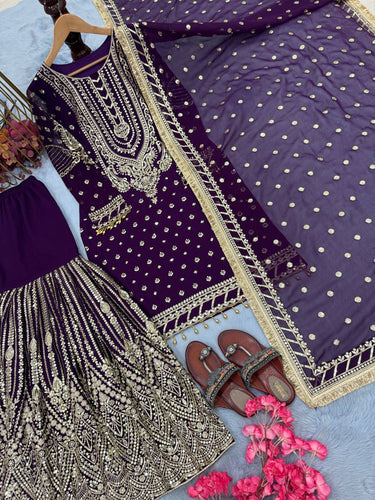 Purple Embroidered Faux Georgette Plazzo Set with Sequins Work & Lace Dupatta ClothsVilla