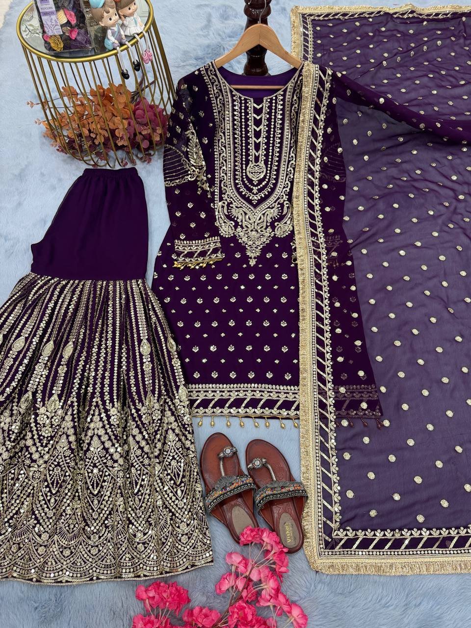 Purple Embroidered Faux Georgette Plazzo Set with Sequins Work & Lace Dupatta ClothsVilla
