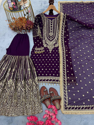 Purple Embroidered Faux Georgette Plazzo Set with Sequins Work & Lace Dupatta ClothsVilla