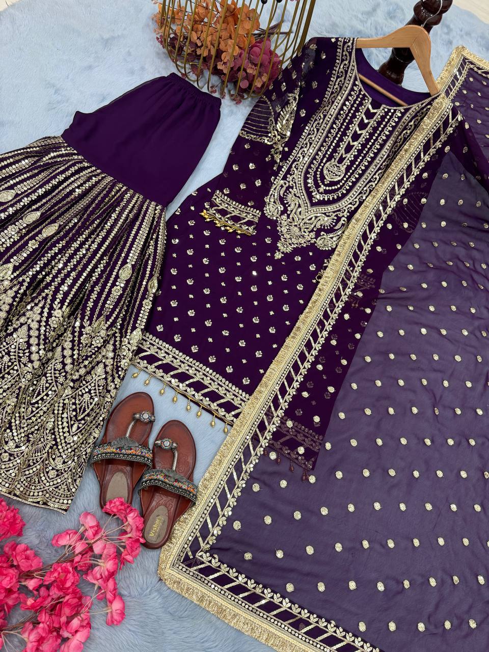 Purple Embroidered Faux Georgette Plazzo Set with Sequins Work & Lace Dupatta ClothsVilla
