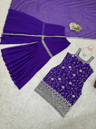 Purple Embroidered Faux Georgette Sharara Suit Set with Dupatta ClothsVilla
