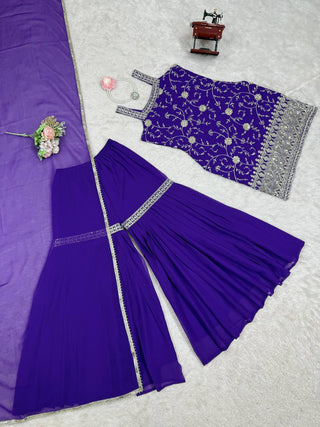 Purple Embroidered Faux Georgette Sharara Suit Set with Dupatta ClothsVilla