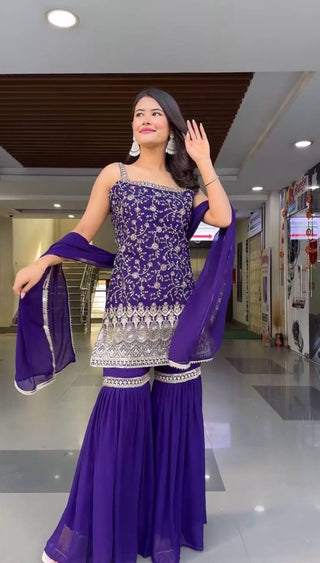 Purple Embroidered Faux Georgette Sharara Suit Set with Dupatta ClothsVilla