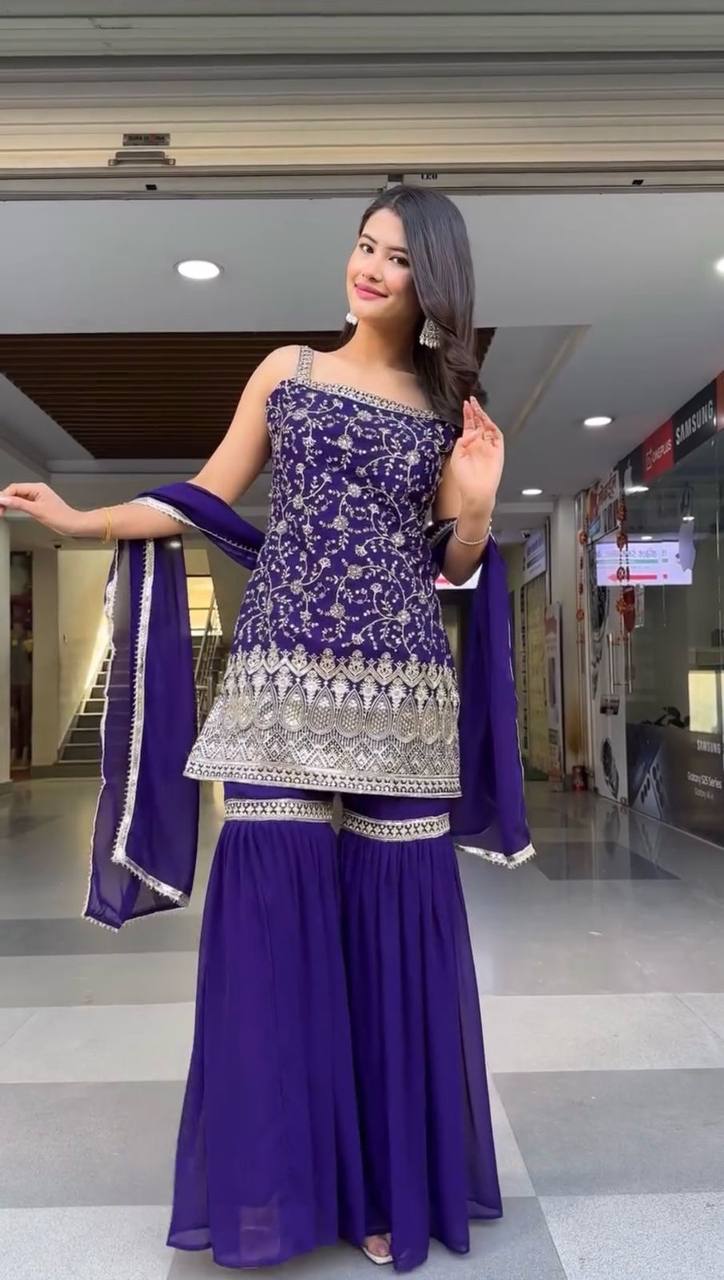 Purple Embroidered Faux Georgette Sharara Suit Set with Dupatta ClothsVilla