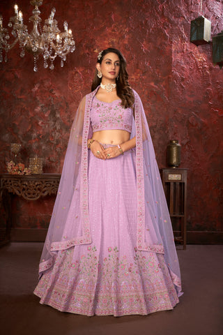 Exquisite Purple Embroidered Fox Georgette Girlish Trendy Lehenga ClothsVilla