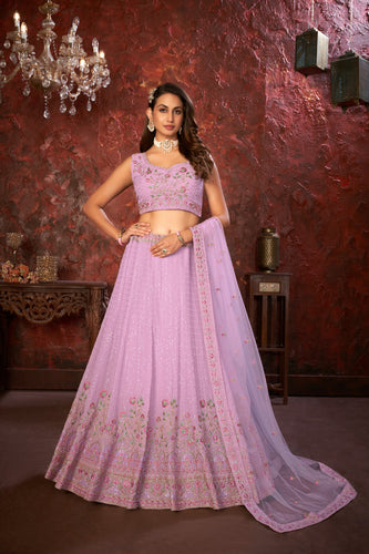 Exquisite Purple Embroidered Fox Georgette Girlish Trendy Lehenga ClothsVilla