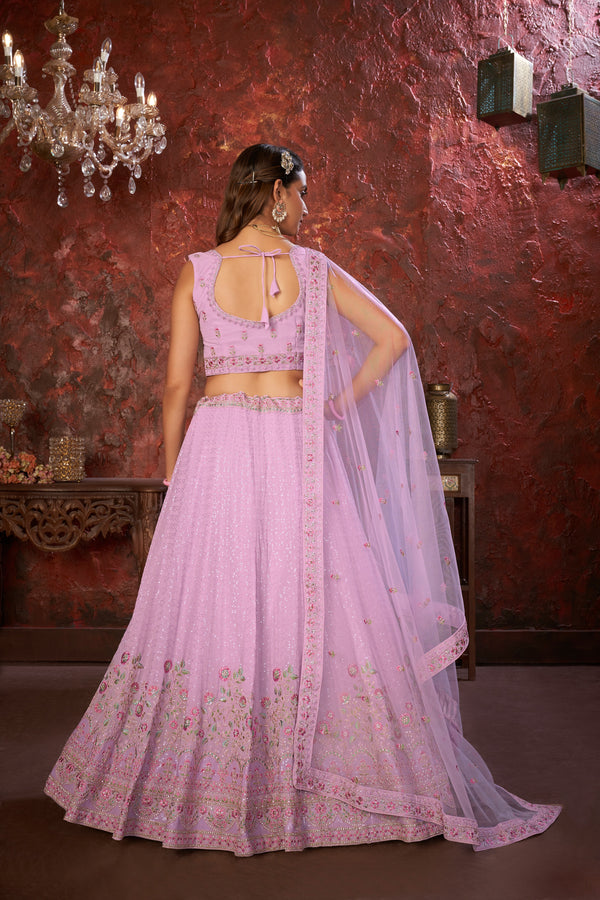 Exquisite Purple Embroidered Fox Georgette Girlish Trendy Lehenga ClothsVilla