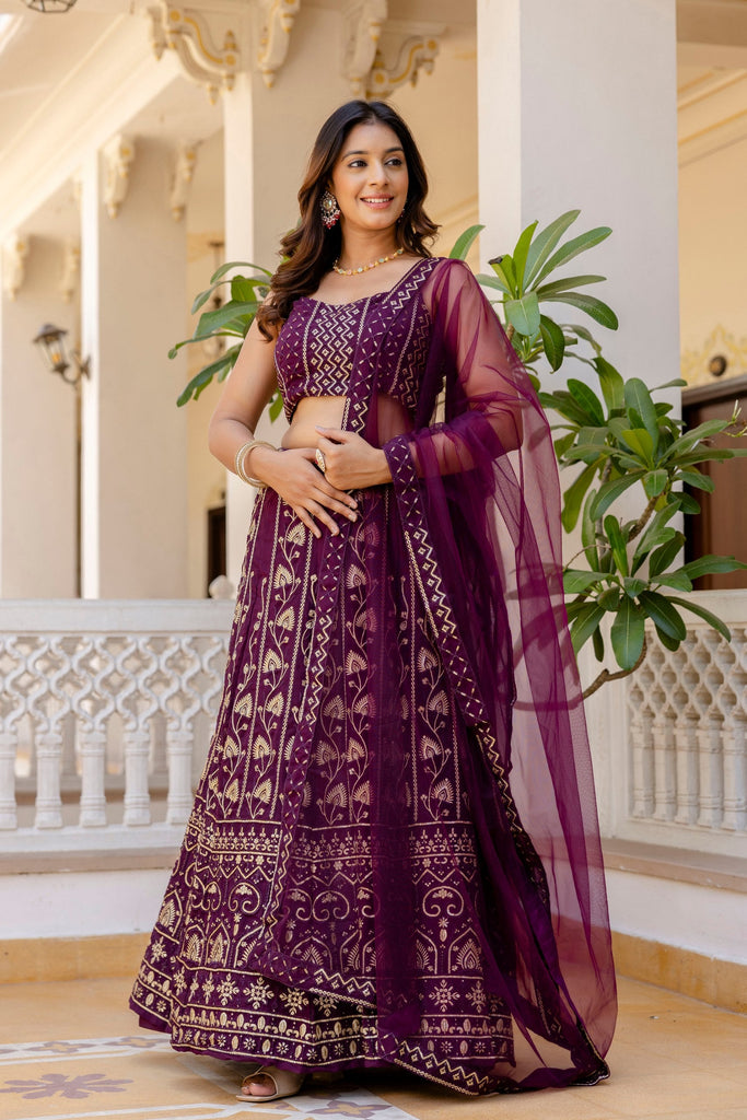 Purple Embroidered Georgette Lehenga Set with Sequins Work & Net Dupatta ClothsVilla