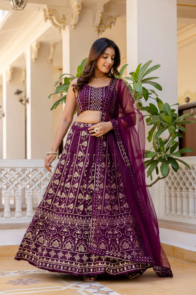 Purple Embroidered Georgette Lehenga Set with Sequins Work & Net Dupatta ClothsVilla