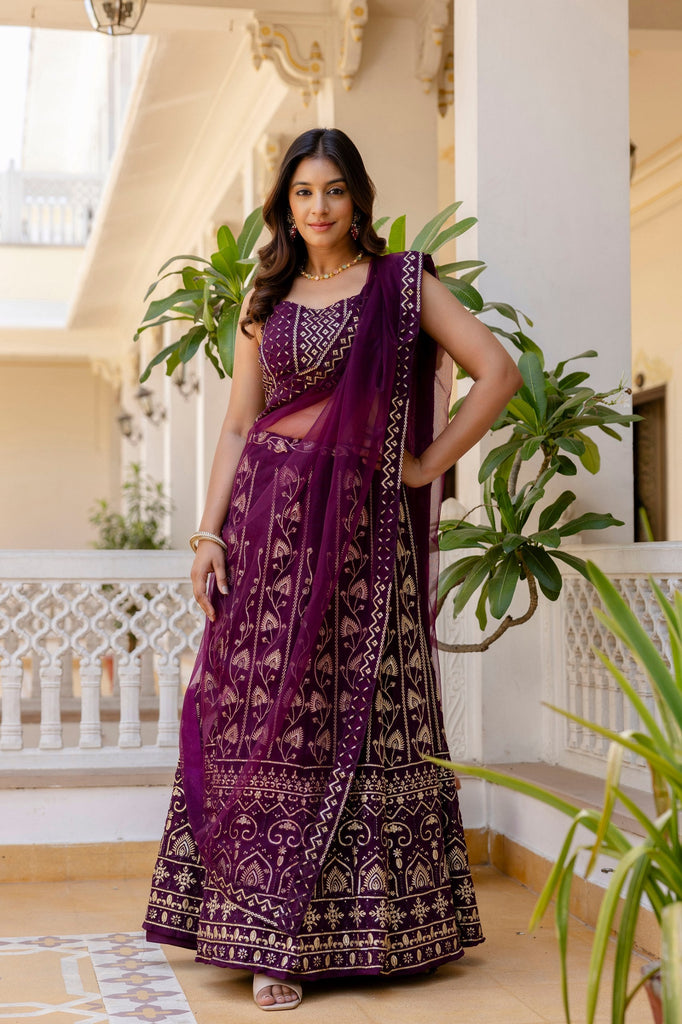 Purple Embroidered Georgette Lehenga Set with Sequins Work & Net Dupatta ClothsVilla