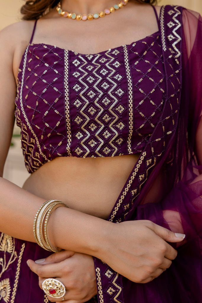 Purple Embroidered Georgette Lehenga Set with Sequins Work & Net Dupatta ClothsVilla