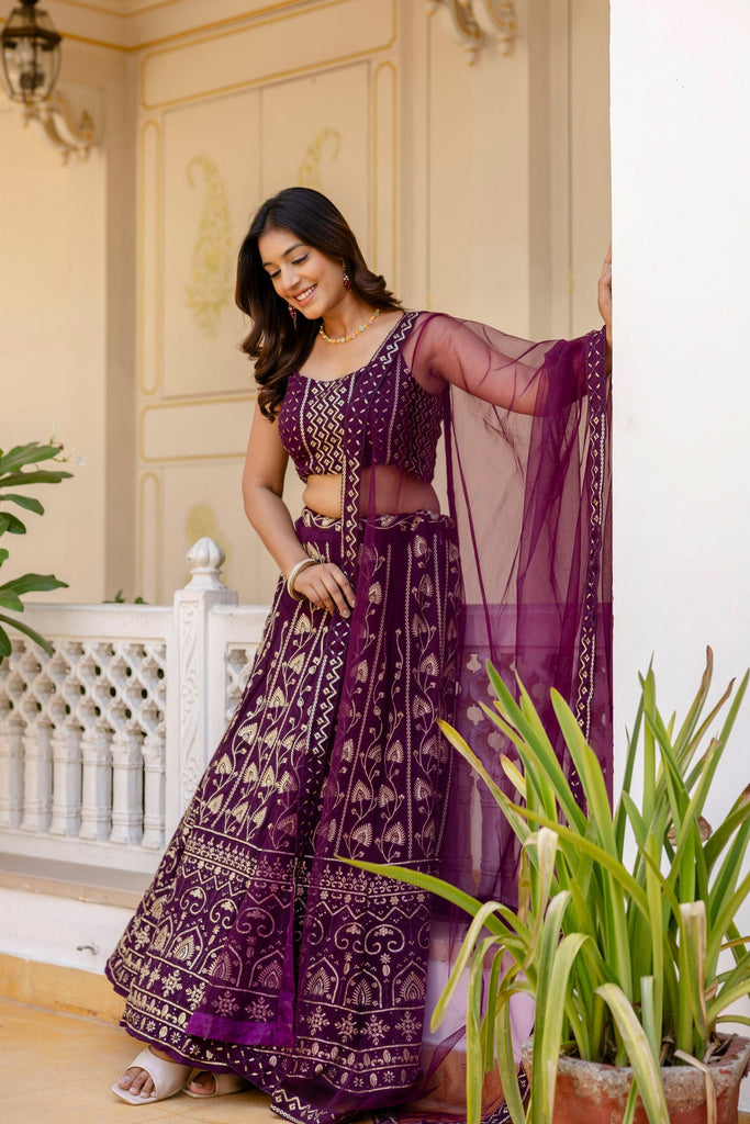 Purple Embroidered Georgette Lehenga Set with Sequins Work & Net Dupatta ClothsVilla