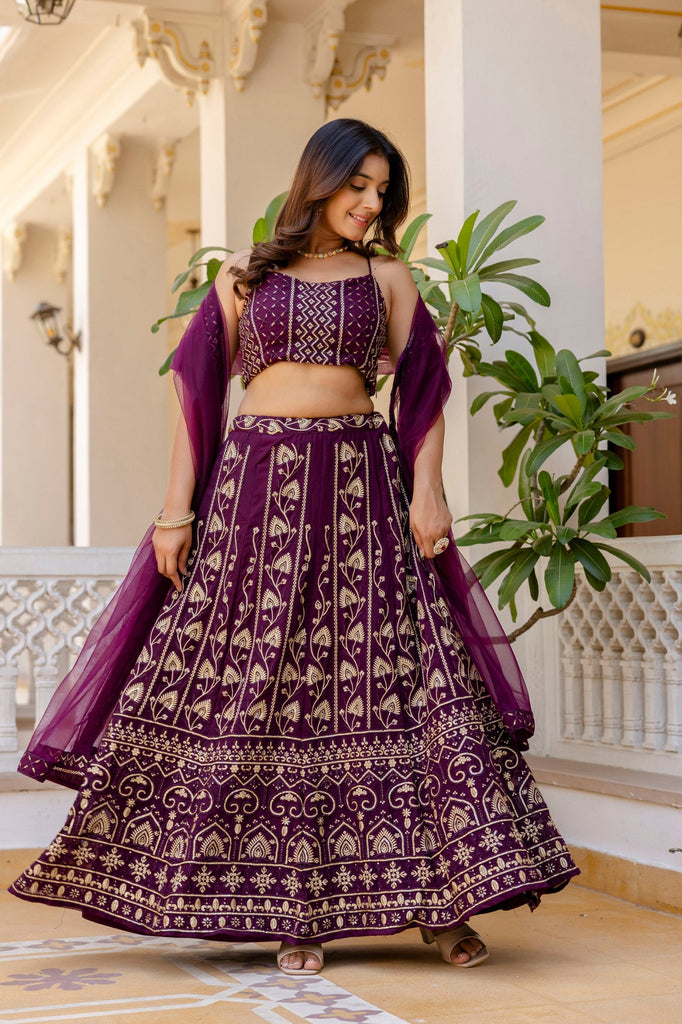 Purple Embroidered Georgette Lehenga Set with Sequins Work & Net Dupatta ClothsVilla