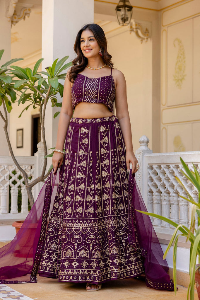 Purple Embroidered Georgette Lehenga Set with Sequins Work & Net Dupatta ClothsVilla