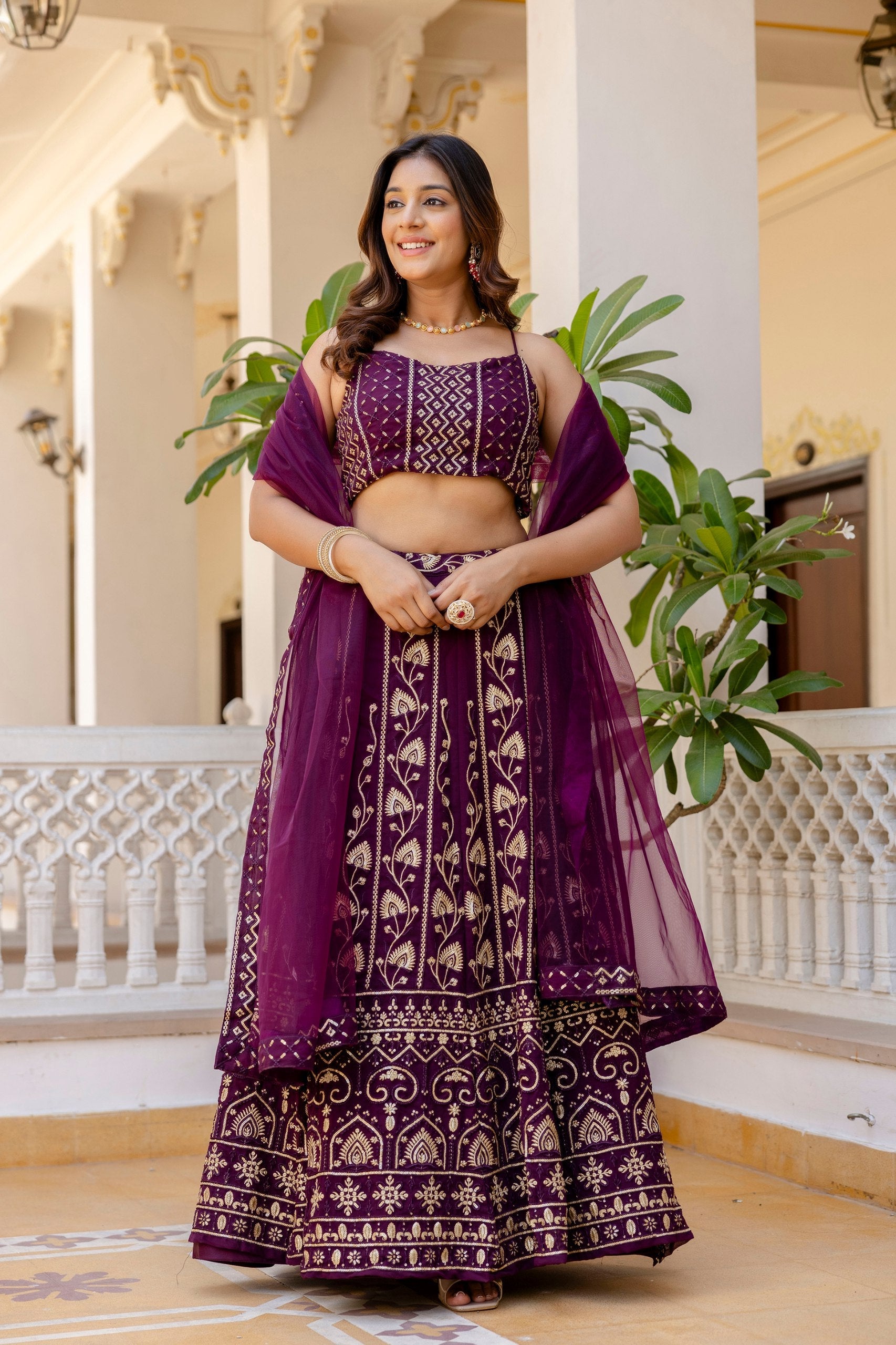 Purple Embroidered Georgette Lehenga Set with Sequins Work & Net Dupatta ClothsVilla Main image