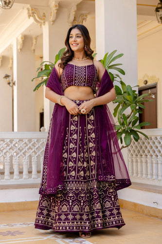 Purple Embroidered Georgette Lehenga Set with Sequins Work & Net Dupatta ClothsVilla