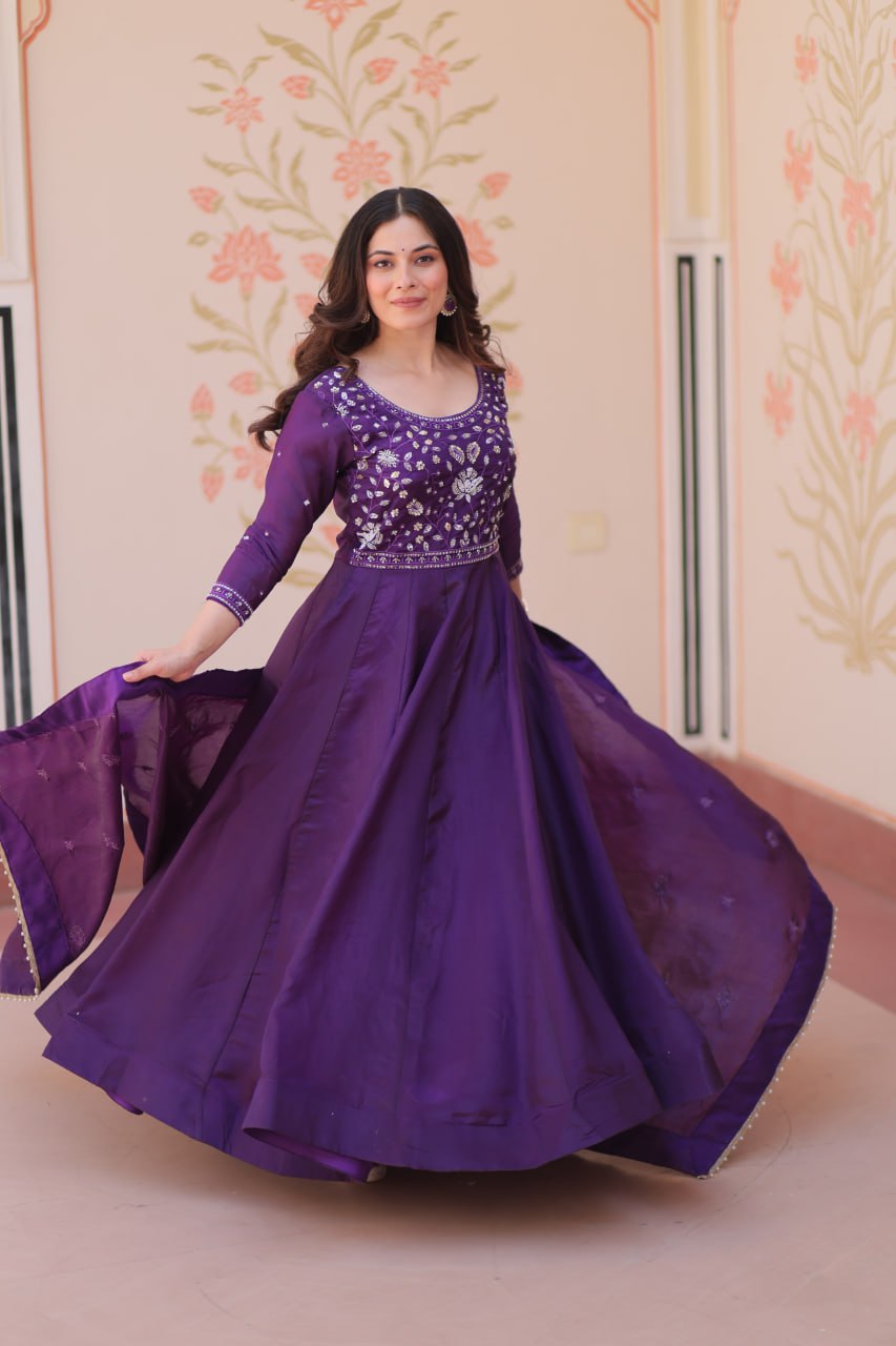 Purple Embroidered Gown with Dupatta ClothsVilla