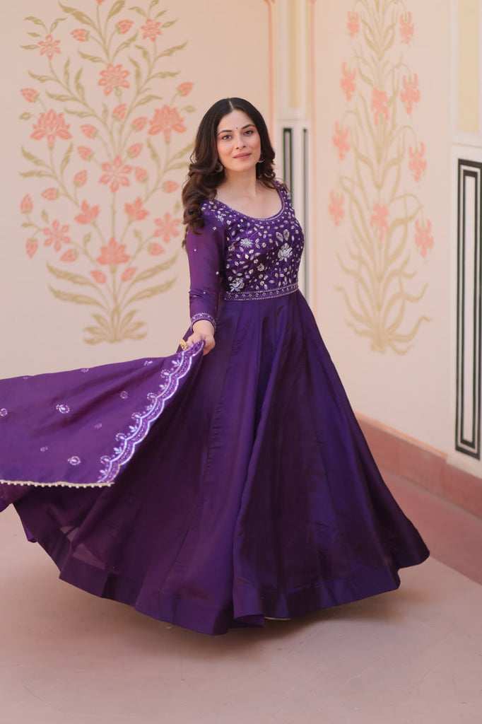 Purple Embroidered Gown with Dupatta ClothsVilla