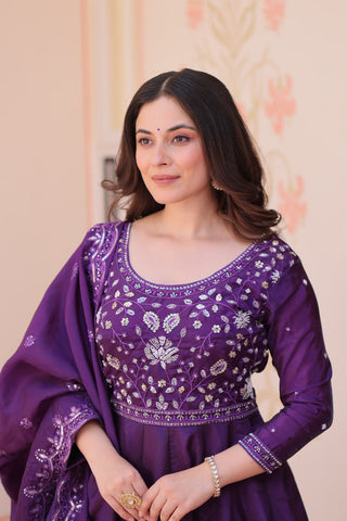 Purple Embroidered Gown with Dupatta ClothsVilla