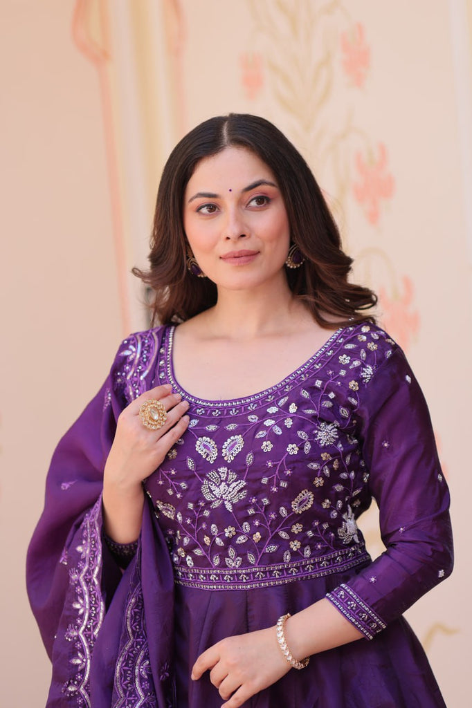 Purple Embroidered Gown with Dupatta ClothsVilla