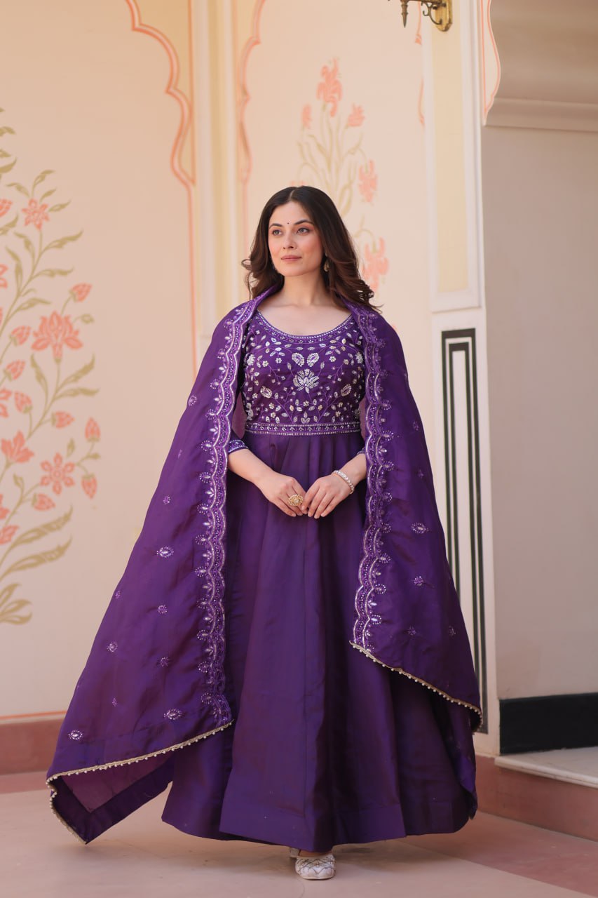 Purple Embroidered Gown with Dupatta ClothsVilla