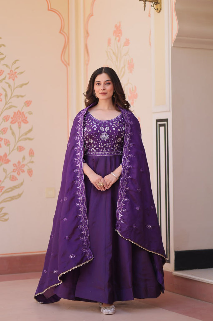 Purple Embroidered Gown with Dupatta ClothsVilla
