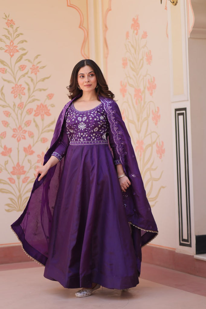 Purple Embroidered Gown with Dupatta ClothsVilla