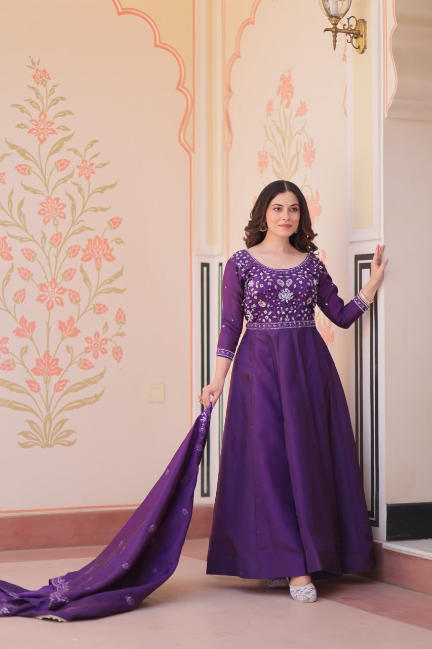 Purple Embroidered Gown with Dupatta ClothsVilla