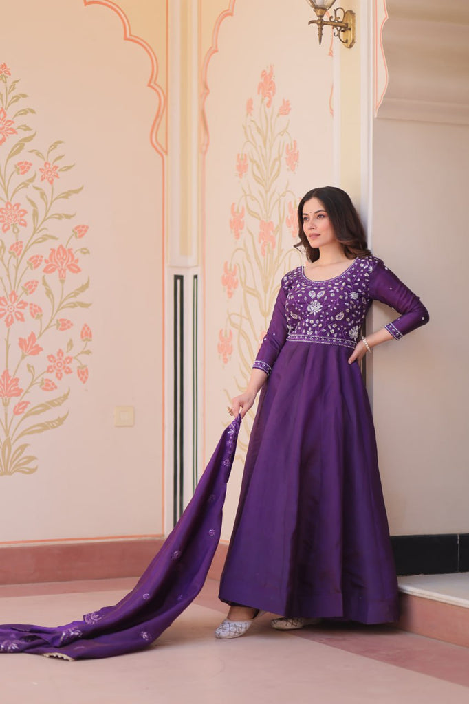 Purple Embroidered Gown with Dupatta ClothsVilla