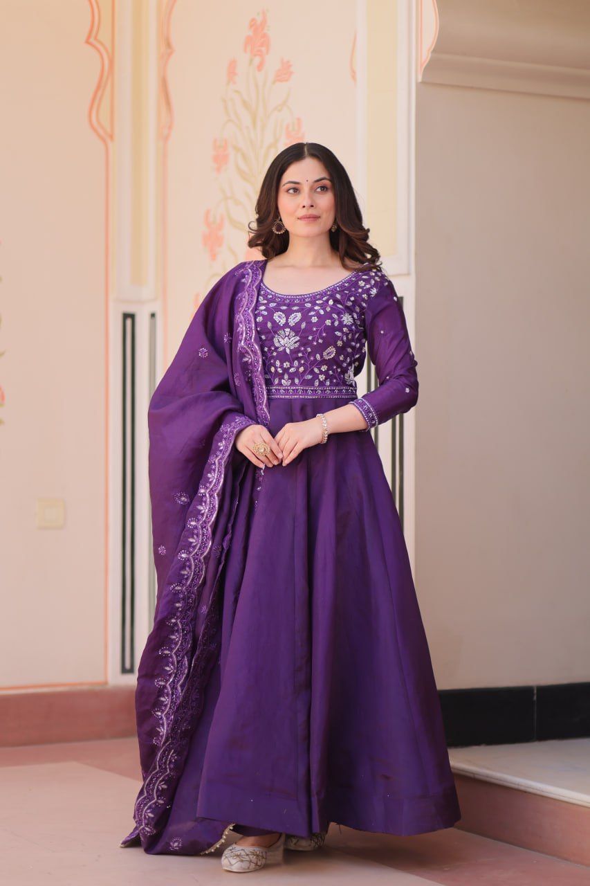 Purple Embroidered Gown with Dupatta ClothsVilla