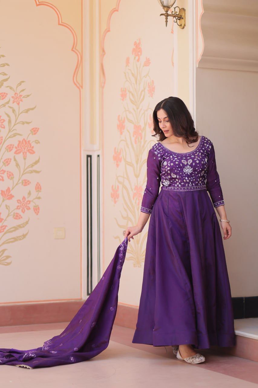 Purple Embroidered Gown with Dupatta ClothsVilla