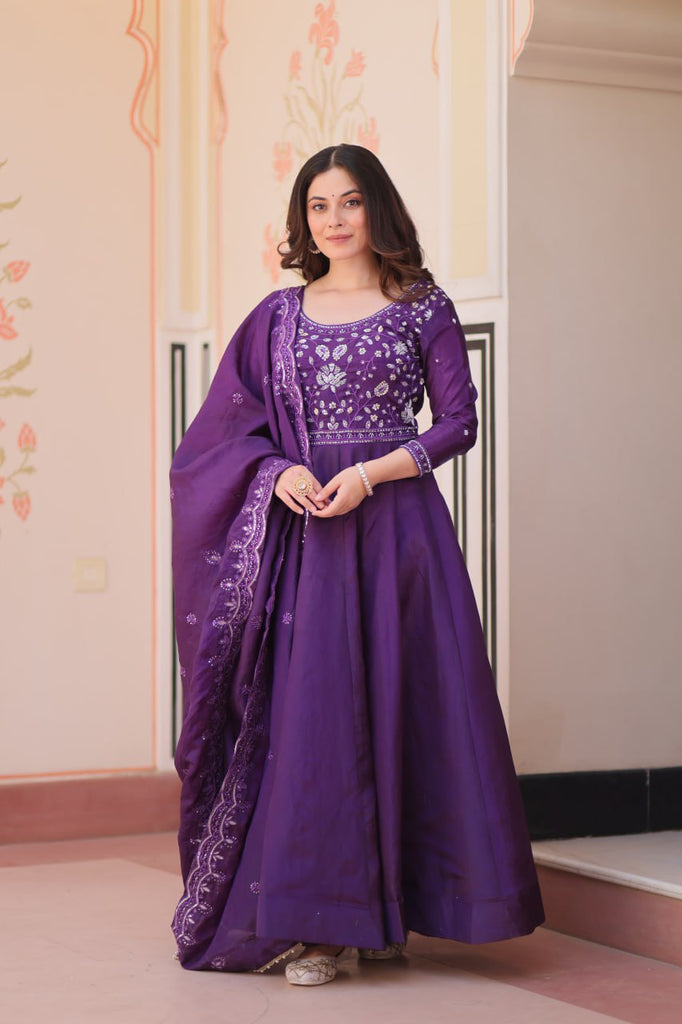 Purple Embroidered Gown with Dupatta ClothsVilla