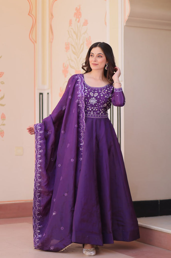 Purple Embroidered Gown with Dupatta ClothsVilla