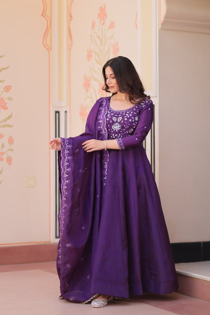 Purple Embroidered Gown with Dupatta ClothsVilla