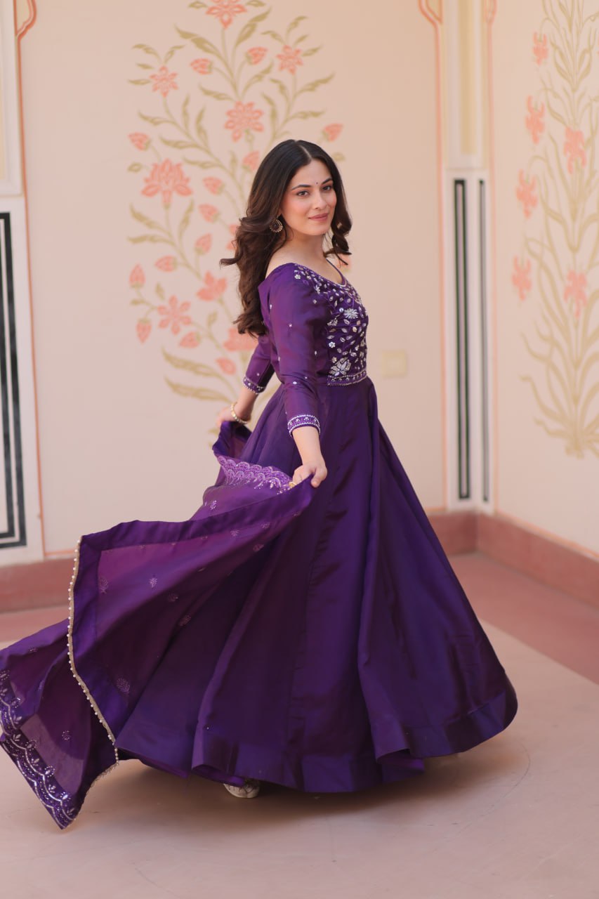 Purple Embroidered Gown with Dupatta ClothsVilla