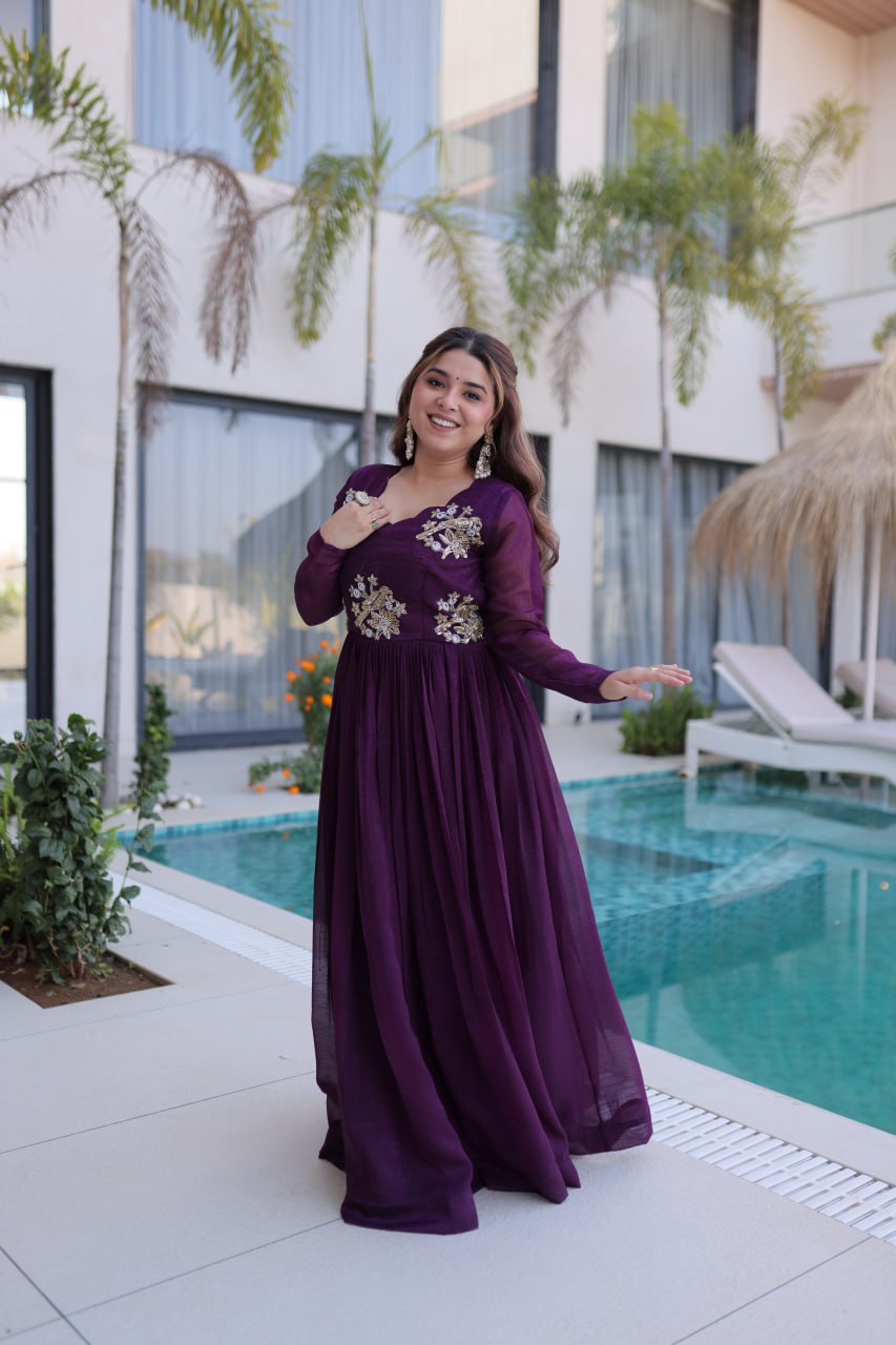 Purple Embroidered Gown with Long Sleeves ClothsVilla