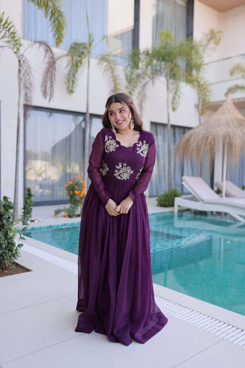 Purple Embroidered Gown with Long Sleeves ClothsVilla