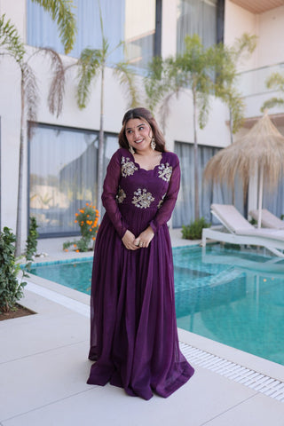Purple Embroidered Gown with Long Sleeves ClothsVilla
