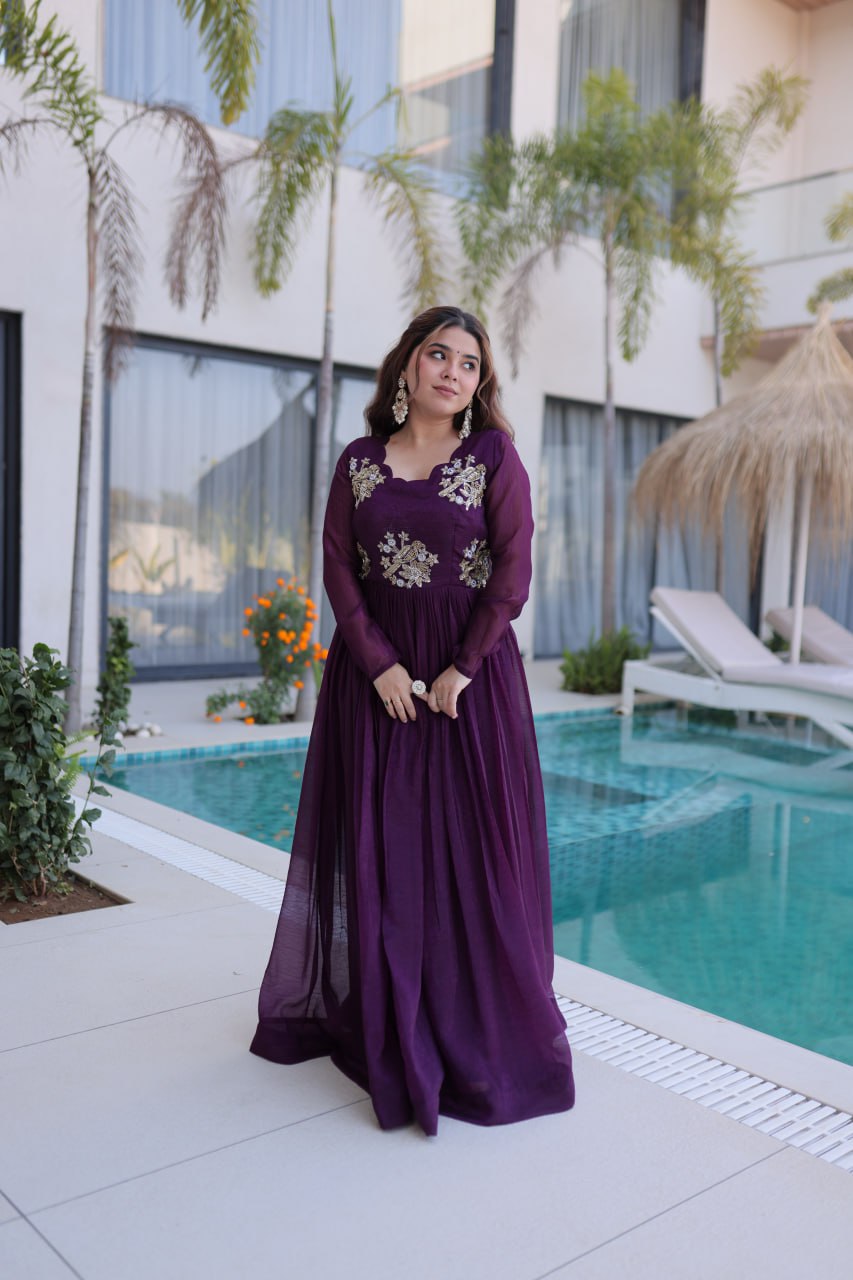 Purple Embroidered Gown with Long Sleeves ClothsVilla