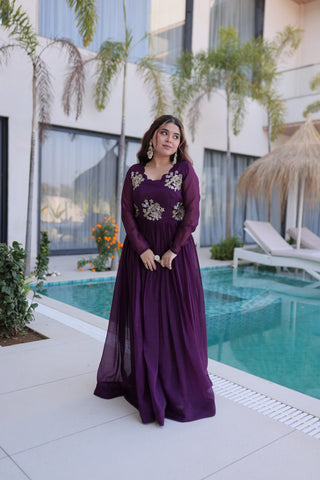 Purple Embroidered Gown with Long Sleeves ClothsVilla