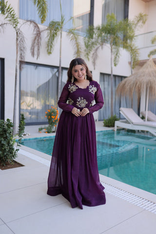 Purple Embroidered Gown with Long Sleeves ClothsVilla