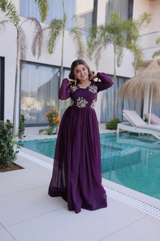 Purple Embroidered Gown with Long Sleeves ClothsVilla