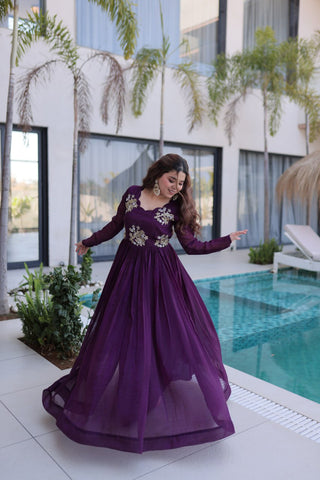 Purple Embroidered Gown with Long Sleeves ClothsVilla